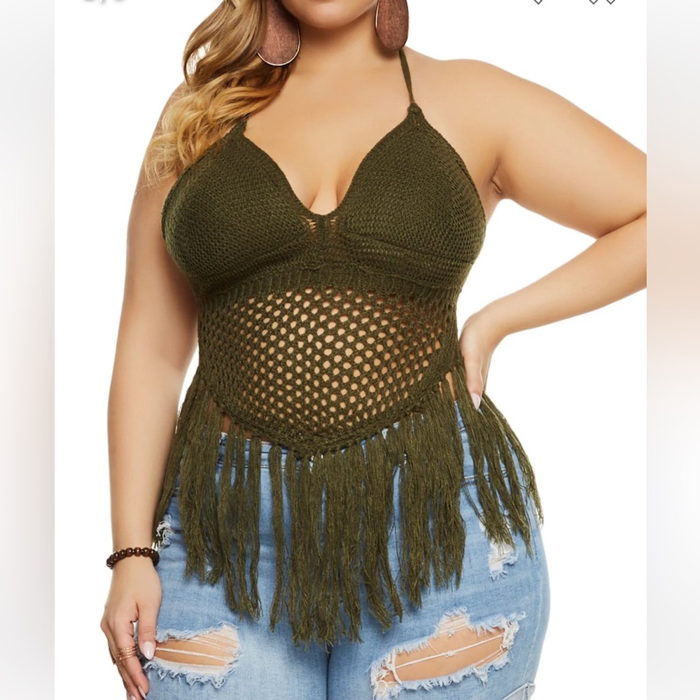 NWT TRENDY THREADS Crochet Fringe Olive Halter Top Women’s size XL Summer Beach